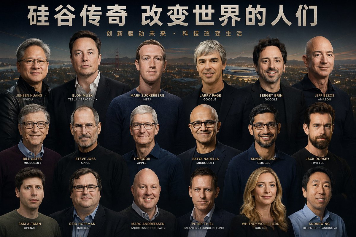 一个用于生成高质量海报的提示词，展示多位可识别的科技领袖，重点在于个人面部识别和多样性。